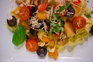 Fettucine with basil, chicken and pine nuts, Maine food photographer