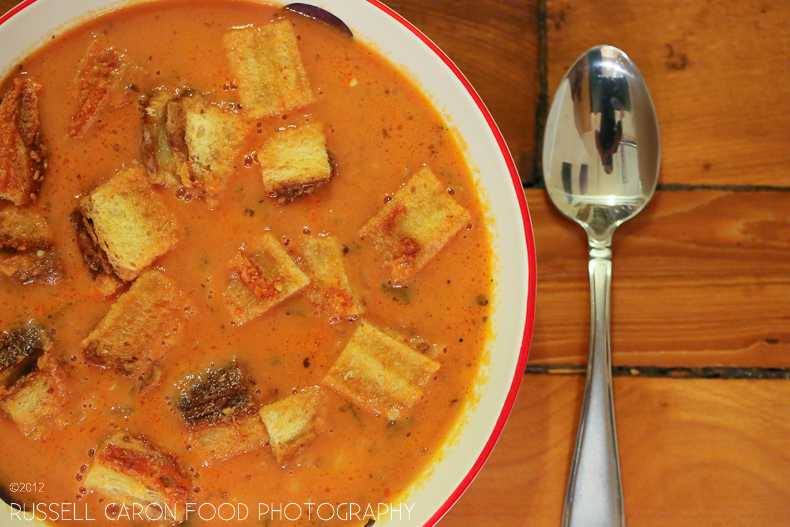 Homemade tomato soup with grilled cheese croutons